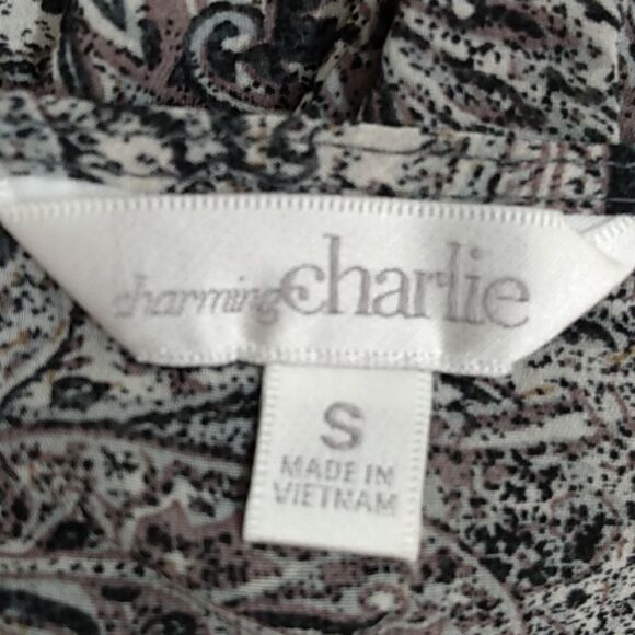 Charming Charlie Women's Sheer Gray Paisley Long Bell Sleeve Peplum Blouse Small - Picture 9 of 10